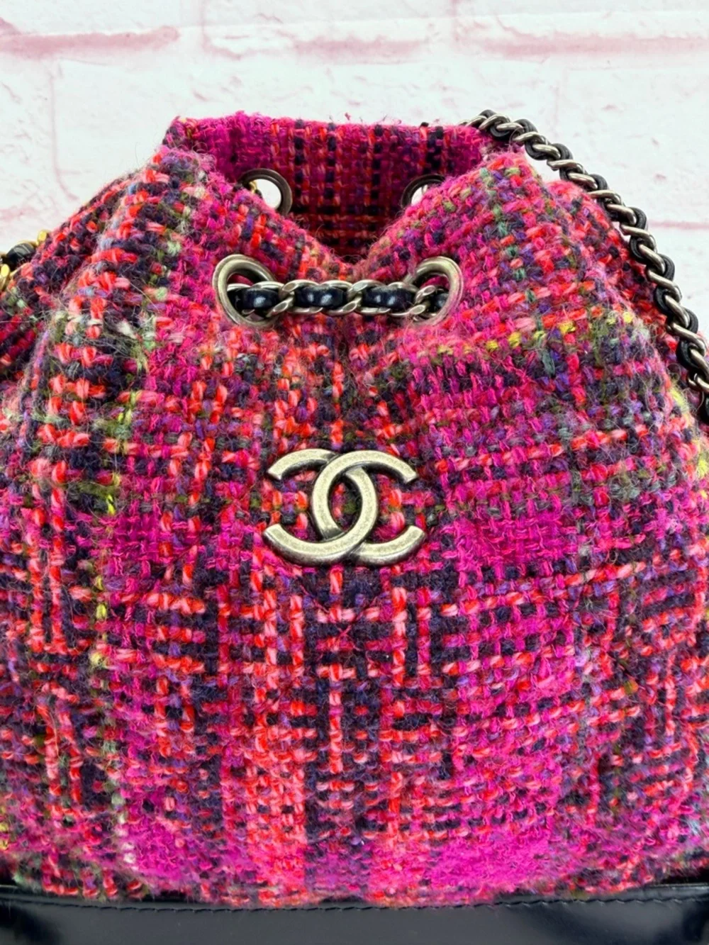 Chanel Tweed Calfskin Quilted Gabrielle Backpack Pink Multicolor